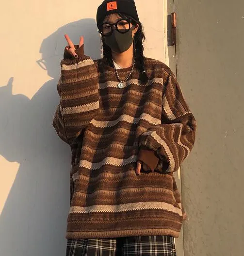 Voguable Pullover Women Vintage Striped Sweater Oversize Long Sleeve Couples Knitted Tops Hip Hop Fashion Streetwear Pullover Female