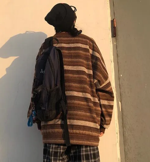 Voguable Pullover Women Vintage Striped Sweater Oversize Long Sleeve Couples Knitted Tops Hip Hop Fashion Streetwear Pullover Female