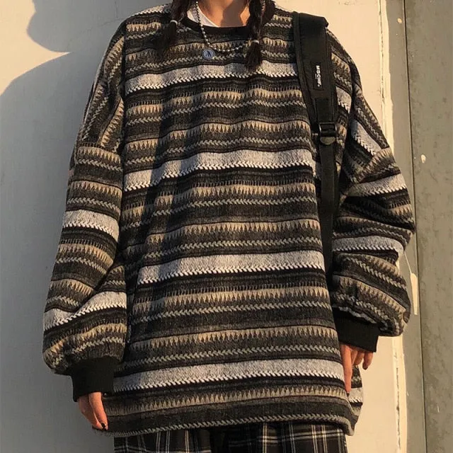 Voguable Pullover Women Vintage Striped Sweater Oversize Long Sleeve Couples Knitted Tops Hip Hop Fashion Streetwear Pullover Female