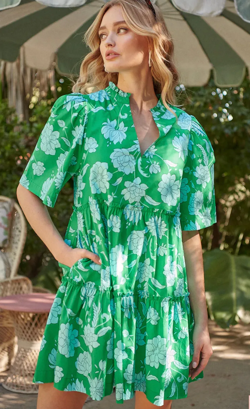 Waterlilly Floral Dixie Split Neck Shift Dress