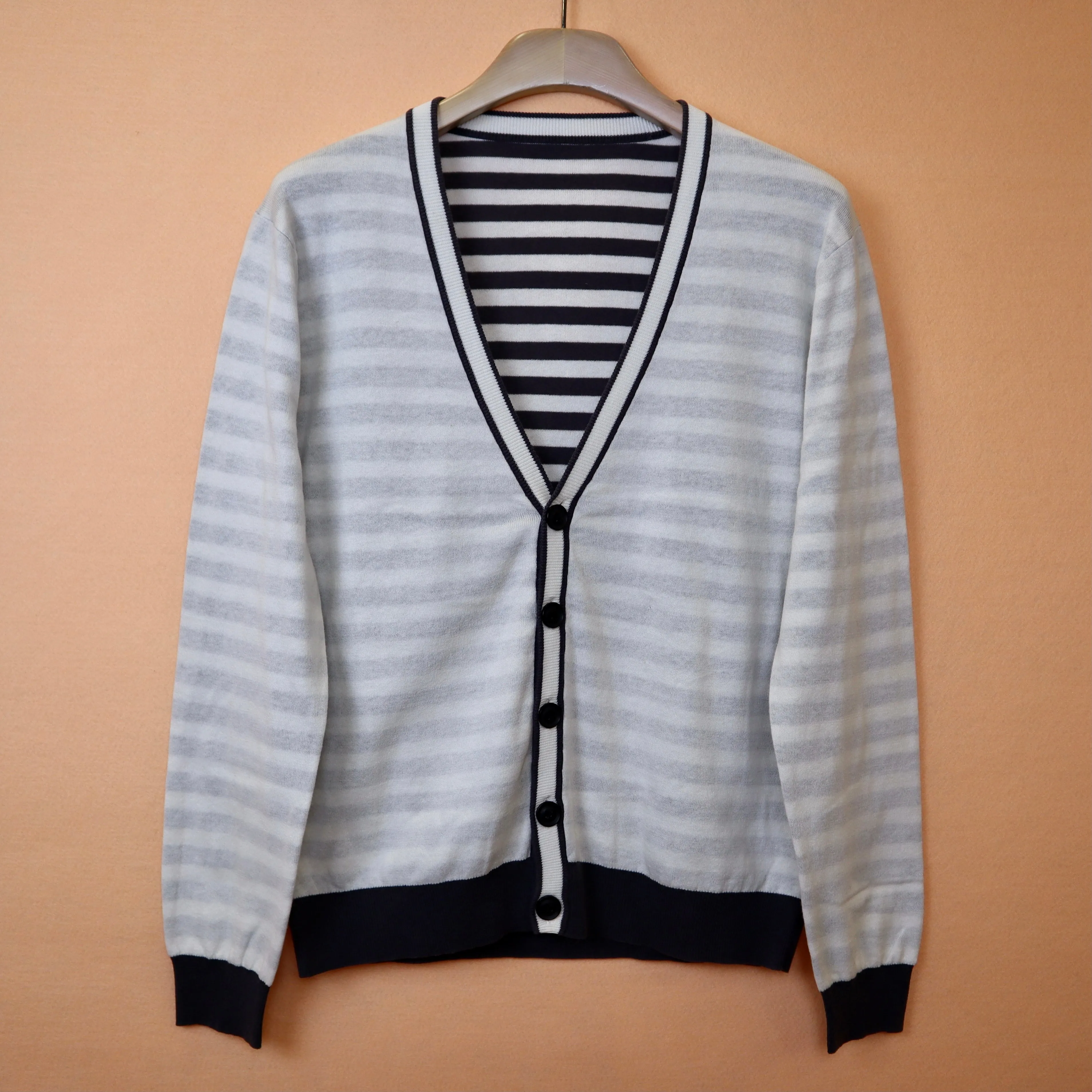 White Cardigan with Grey Stripes
