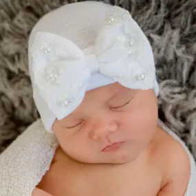 White Pearl Lace Trim Newborn Hospital Bow Hat