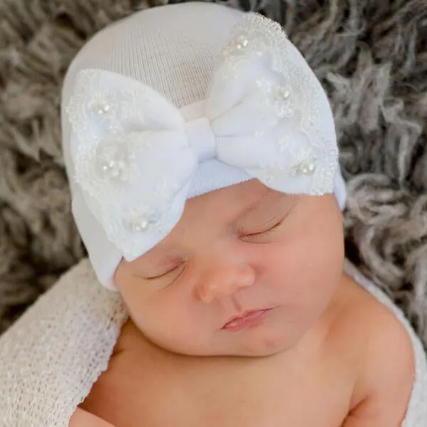White Pearl Lace Trim Newborn Hospital Bow Hat