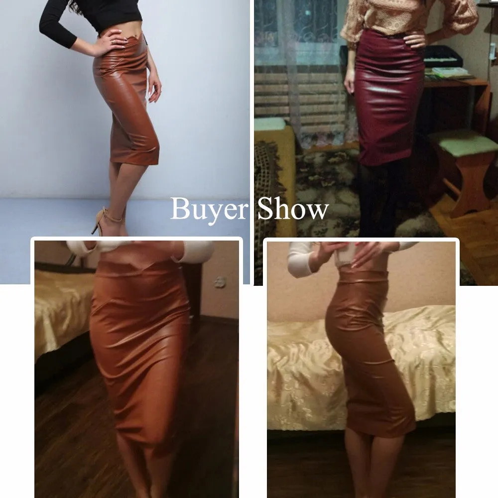 Women Pu Leather Skirt Autumn Casual Office Work Wear Body con Pencil Skirt High Waist Long Velvet Skirts