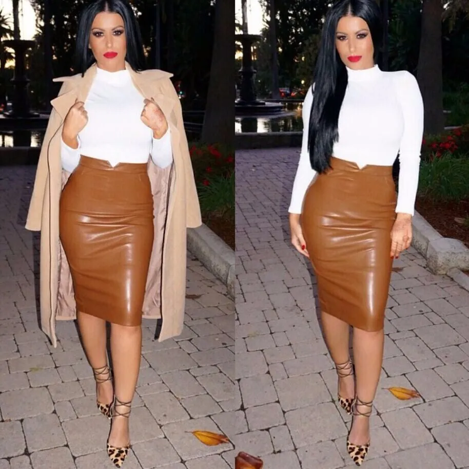 Women Pu Leather Skirt Autumn Casual Office Work Wear Body con Pencil Skirt High Waist Long Velvet Skirts