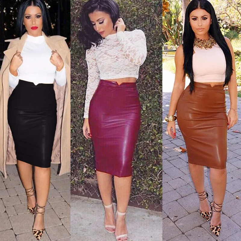 Women Pu Leather Skirt Autumn Casual Office Work Wear Body con Pencil Skirt High Waist Long Velvet Skirts
