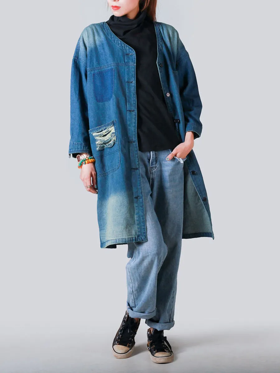Women Vintage Spring Frayed Denim Coat