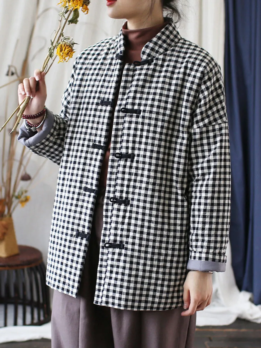 Women Vintage Winter Plaid Cotton Padded Coat
