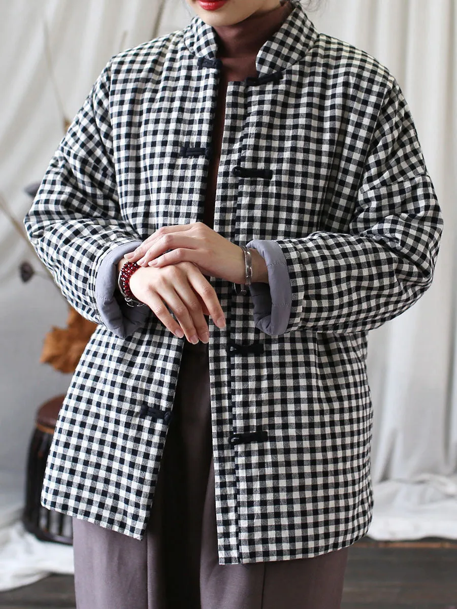 Women Vintage Winter Plaid Cotton Padded Coat