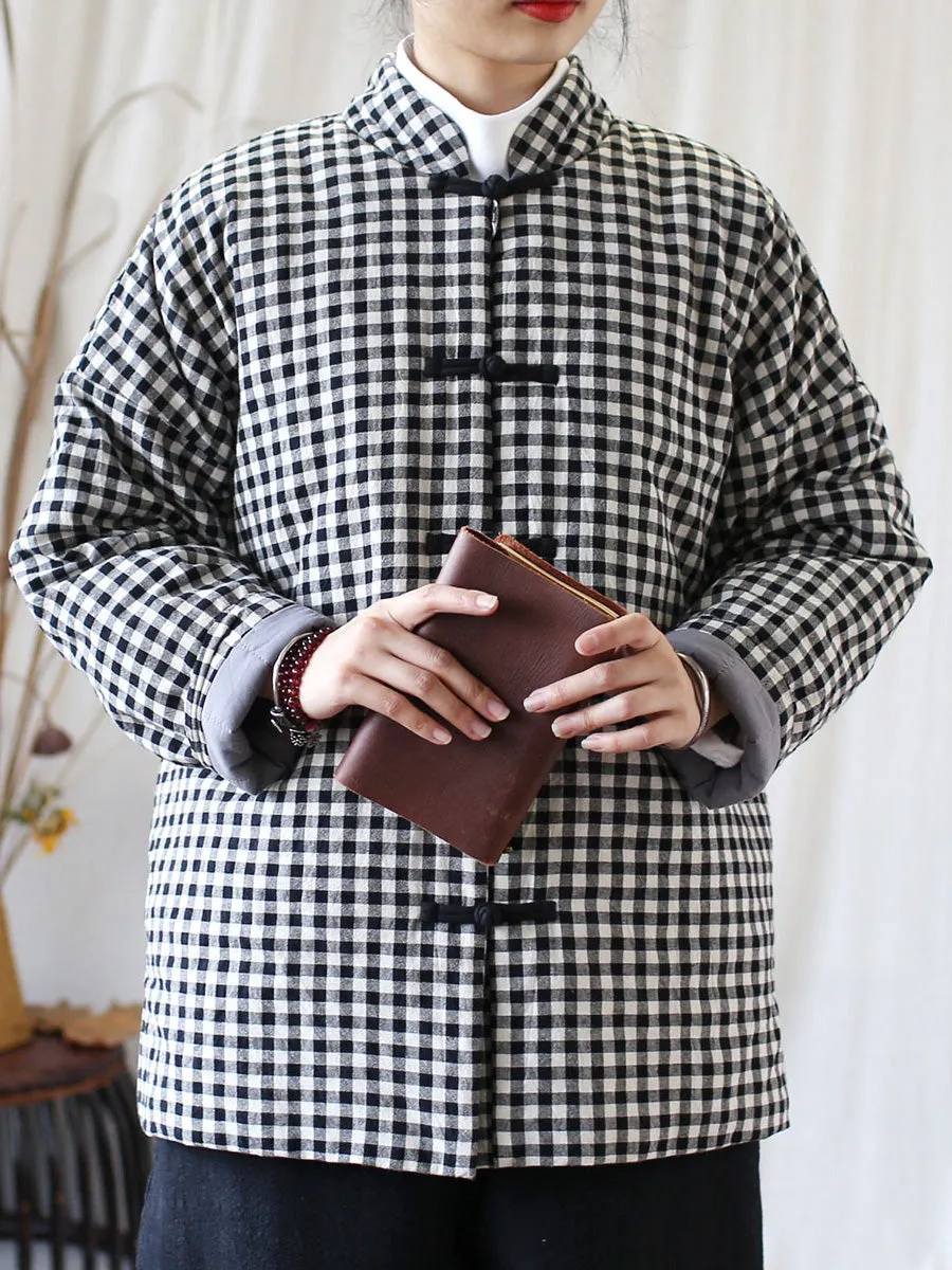 Women Vintage Winter Plaid Cotton Padded Coat