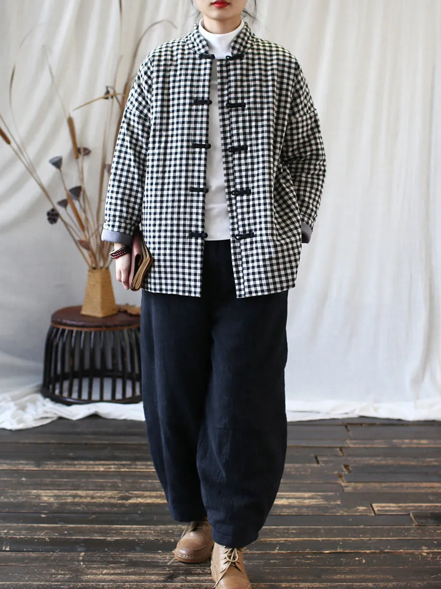 Women Vintage Winter Plaid Cotton Padded Coat