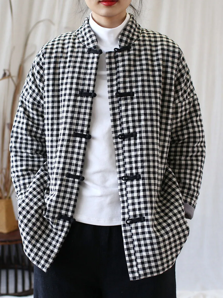 Women Vintage Winter Plaid Cotton Padded Coat