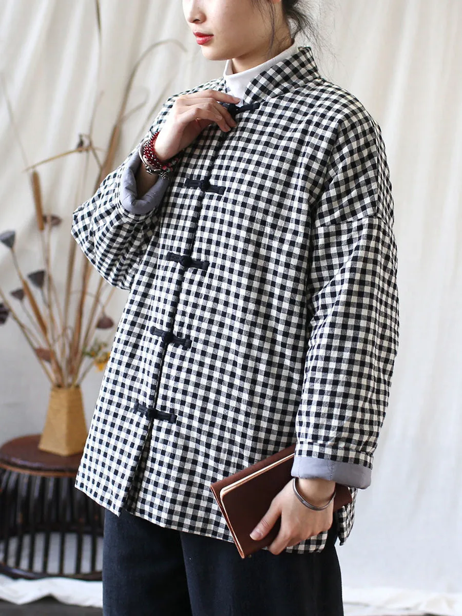 Women Vintage Winter Plaid Cotton Padded Coat