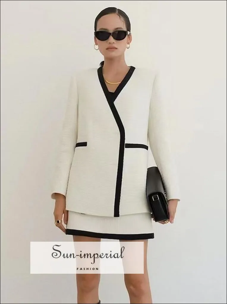 Women White Woven Two Piece Pencil Mini Skirt and Jacket Set with Black Edge detail