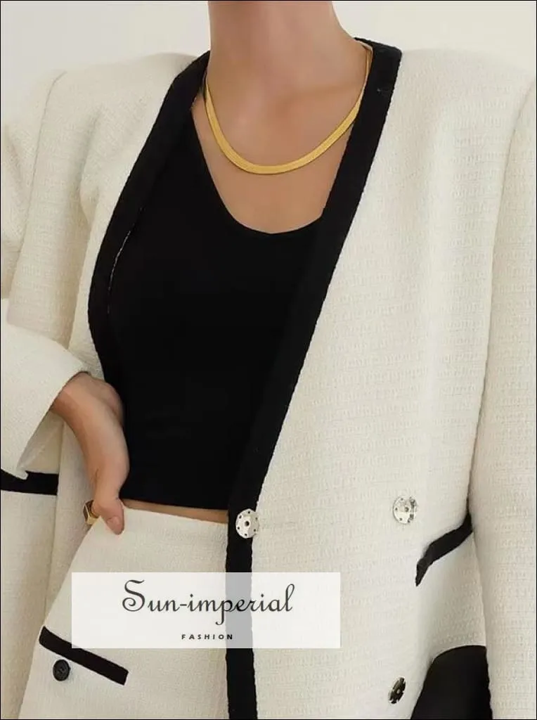 Women White Woven Two Piece Pencil Mini Skirt and Jacket Set with Black Edge detail