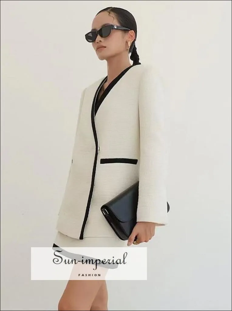 Women White Woven Two Piece Pencil Mini Skirt and Jacket Set with Black Edge detail