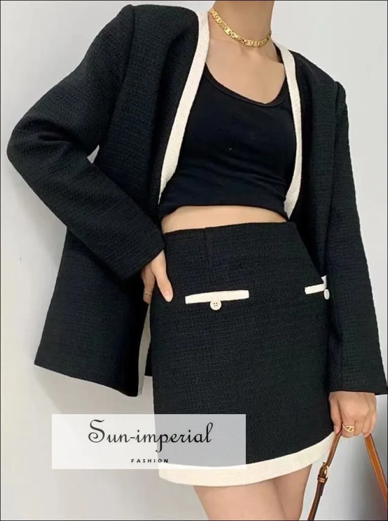 Women White Woven Two Piece Pencil Mini Skirt and Jacket Set with Black Edge detail