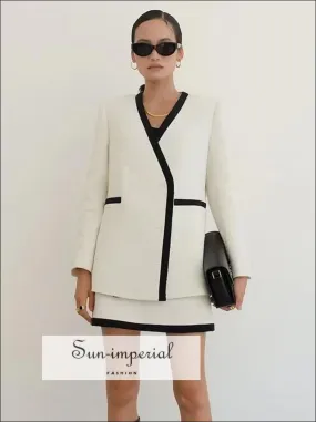 Women White Woven Two Piece Pencil Mini Skirt and Jacket Set with Black Edge detail