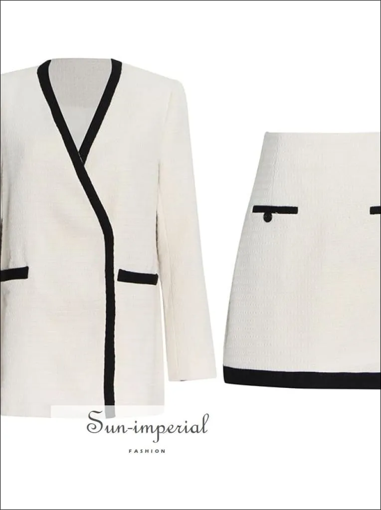 Women White Woven Two Piece Pencil Mini Skirt and Jacket Set with Black Edge detail