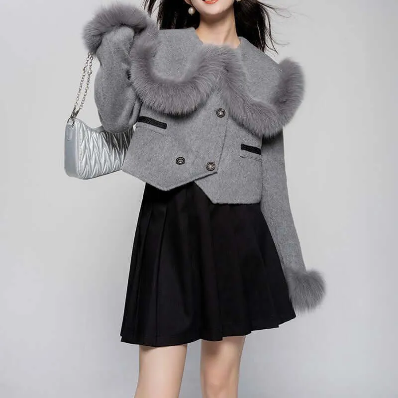 Women's Elegant Short Fur Trim Coat
