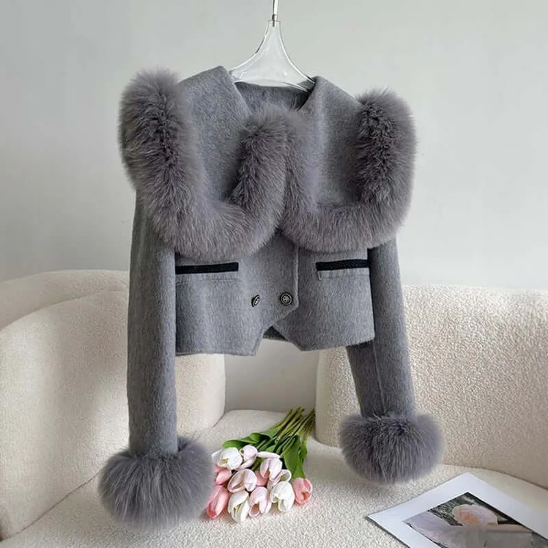 Women's Elegant Short Fur Trim Coat