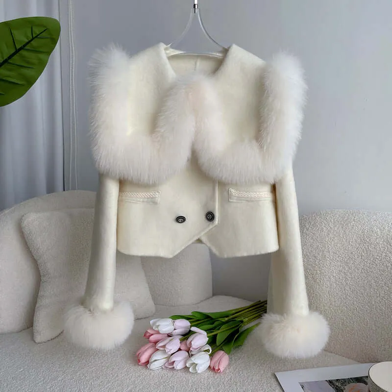 Women's Elegant Short Fur Trim Coat