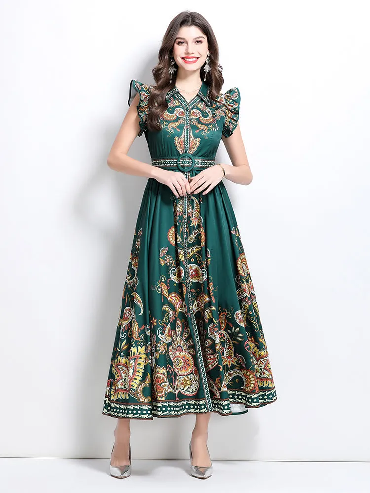Women's Floral V Neck Sleeveless Ruffles Maxi Dresses