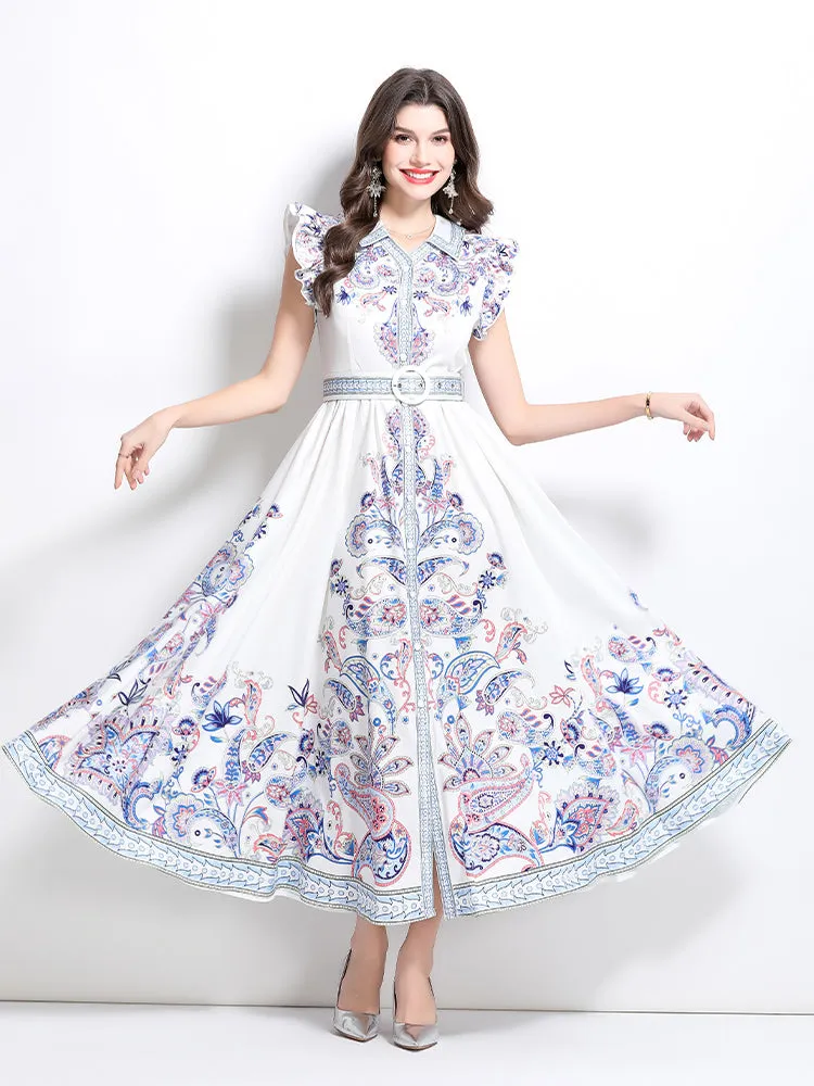 Women's Floral V Neck Sleeveless Ruffles Maxi Dresses