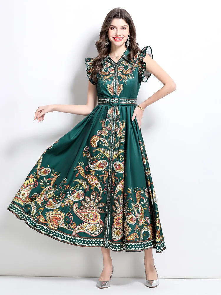 Women's Floral V Neck Sleeveless Ruffles Maxi Dresses