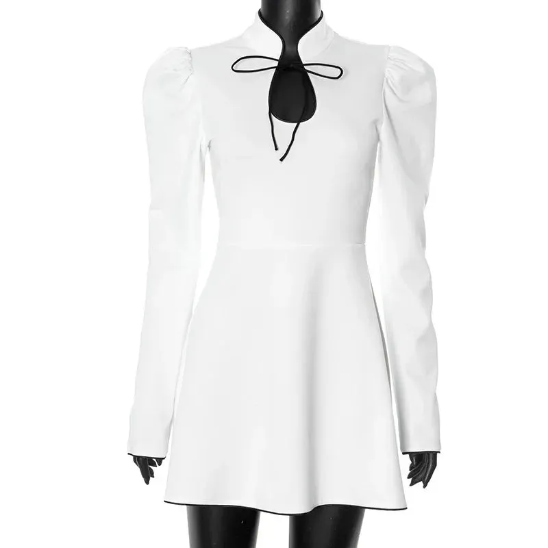 Women's Lace-Up White V-Neck A-Line Short Dress