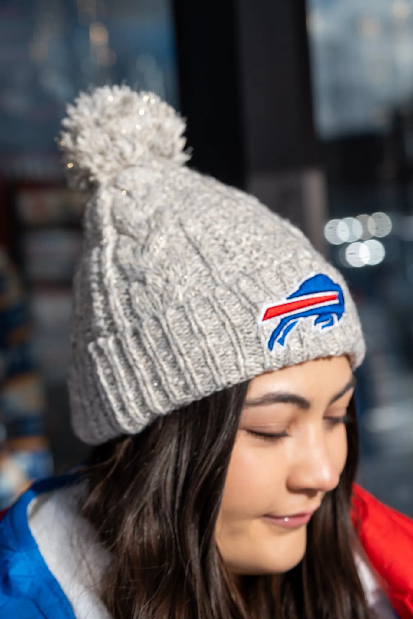 Women’s New Era Bills Gray Shimmer Knit Pom