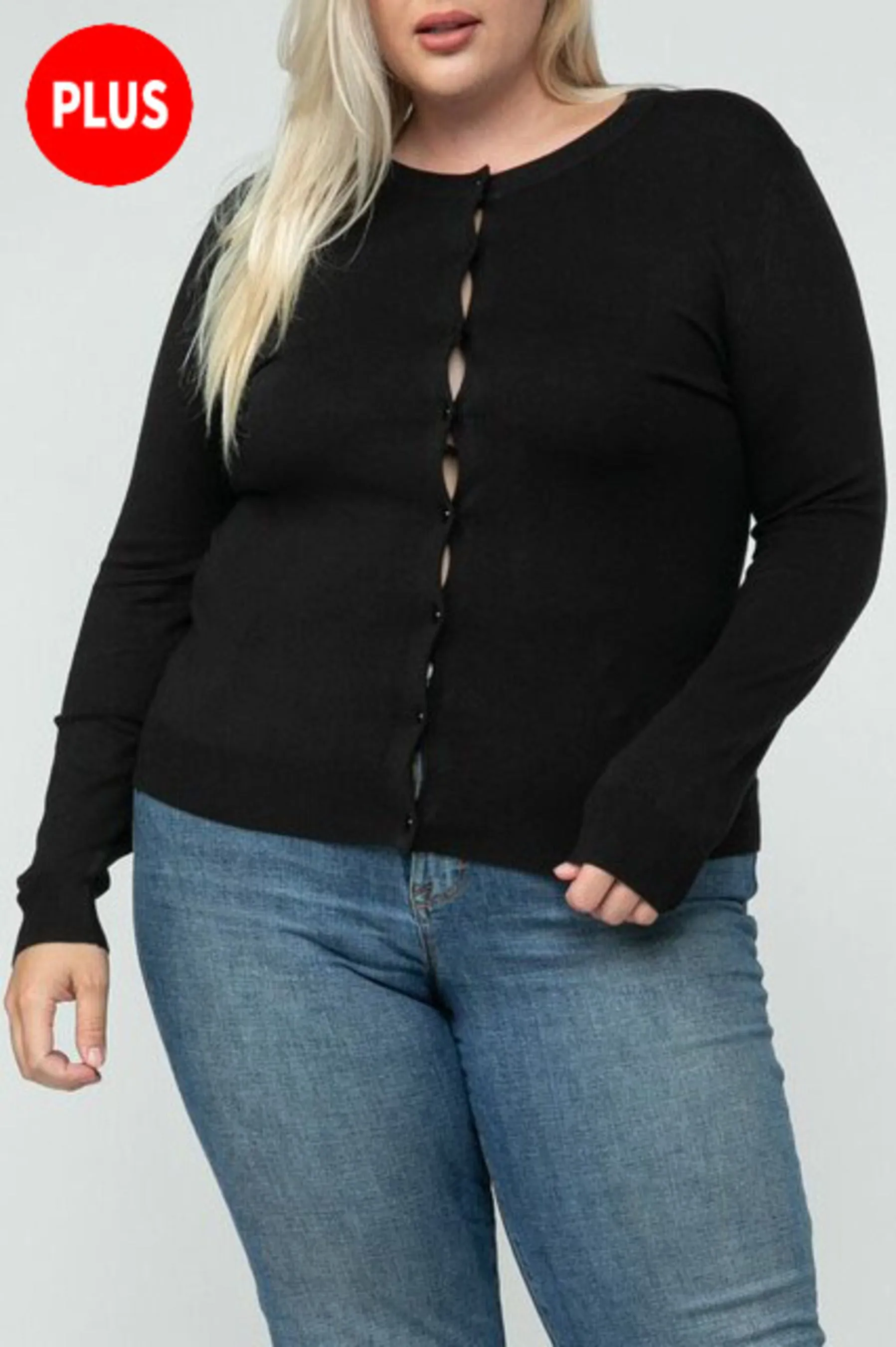 Women's Plus size Long Sleeve Button Down Crewneck Sweater Knit Cardigan