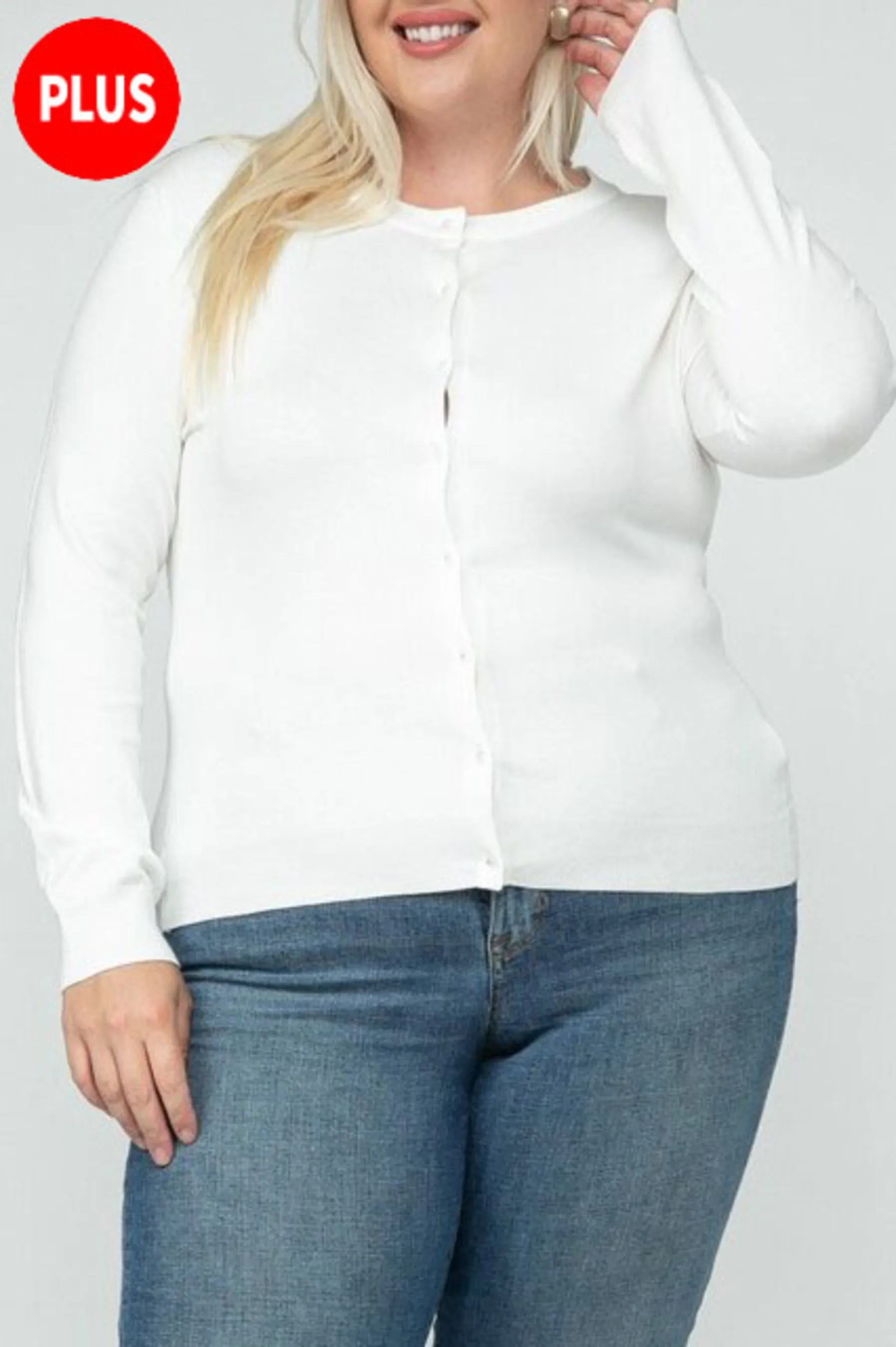 Women's Plus size Long Sleeve Button Down Crewneck Sweater Knit Cardigan