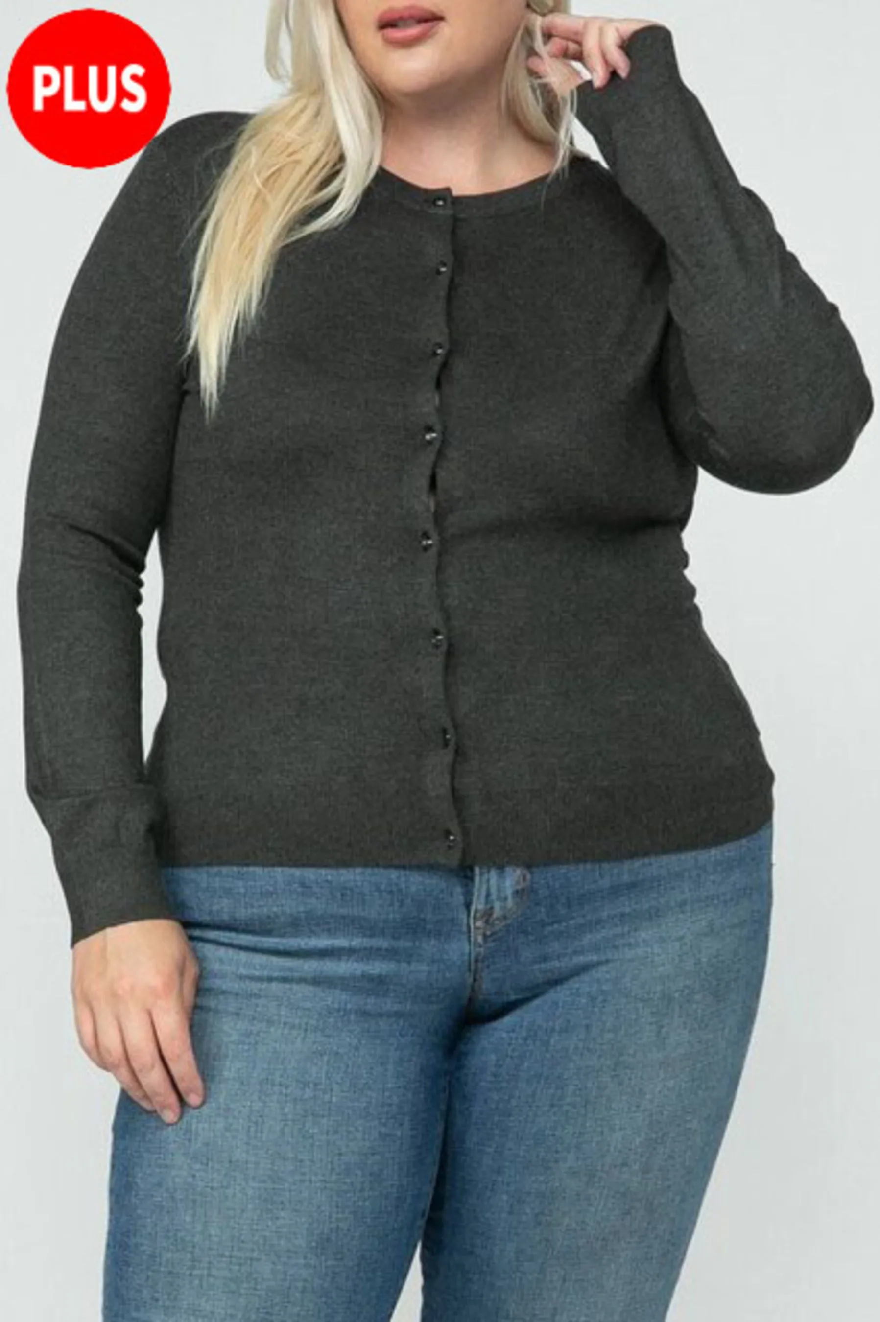 Women's Plus size Long Sleeve Button Down Crewneck Sweater Knit Cardigan