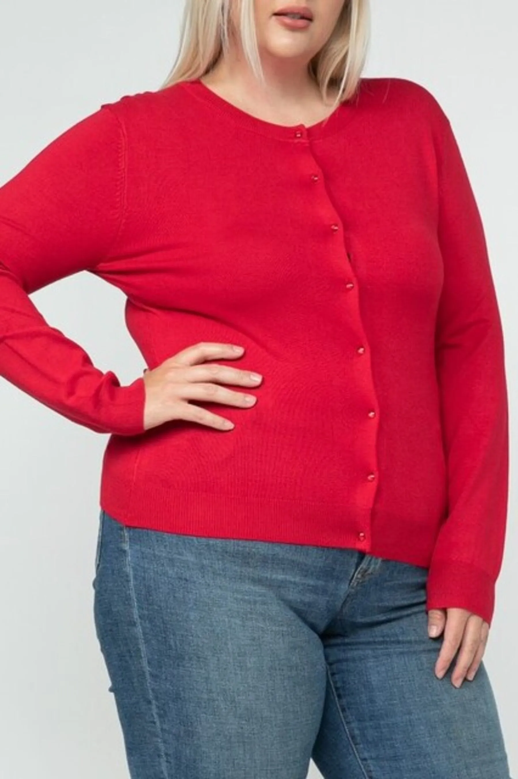 Women's Plus size Long Sleeve Button Down Crewneck Sweater Knit Cardigan