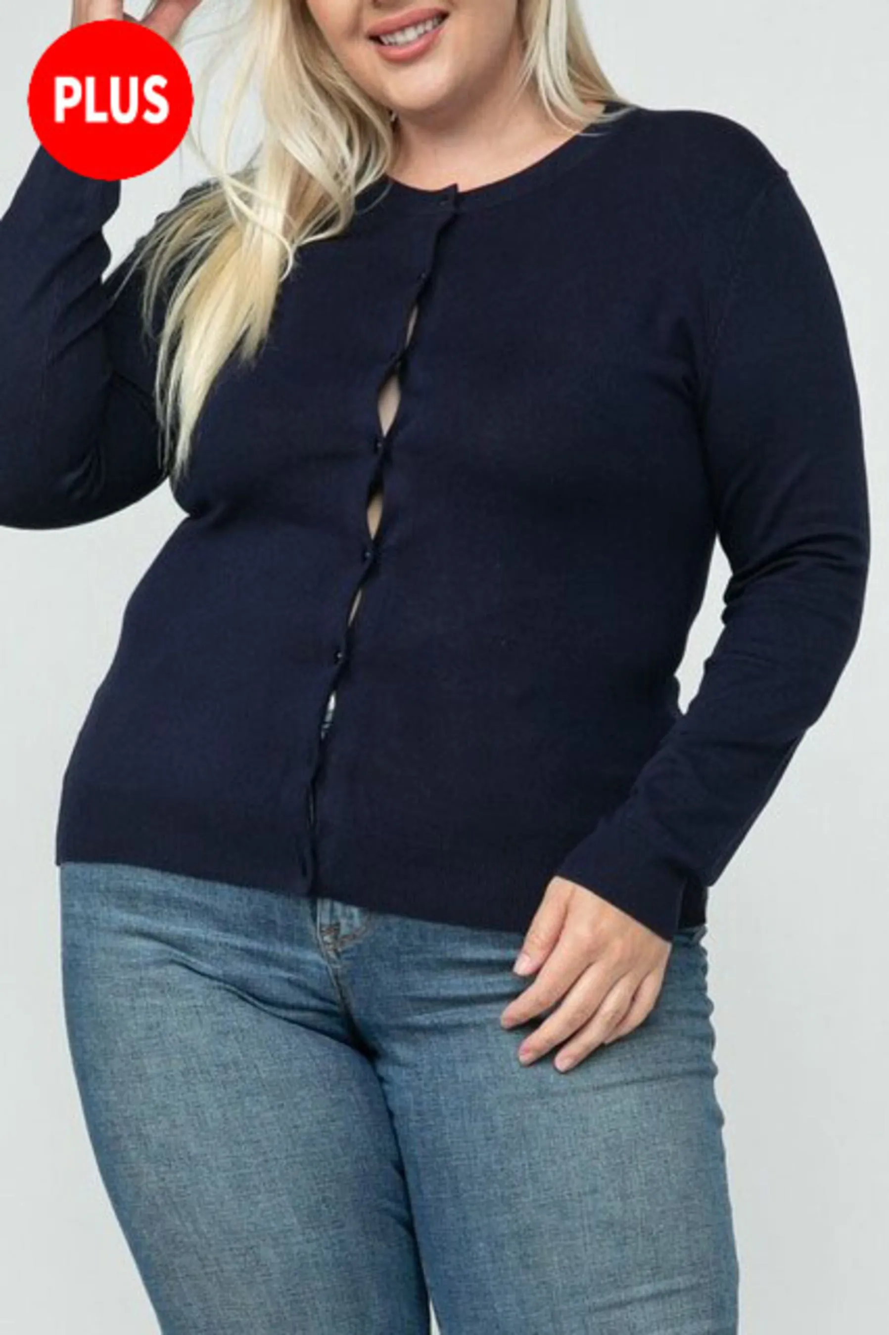 Women's Plus size Long Sleeve Button Down Crewneck Sweater Knit Cardigan