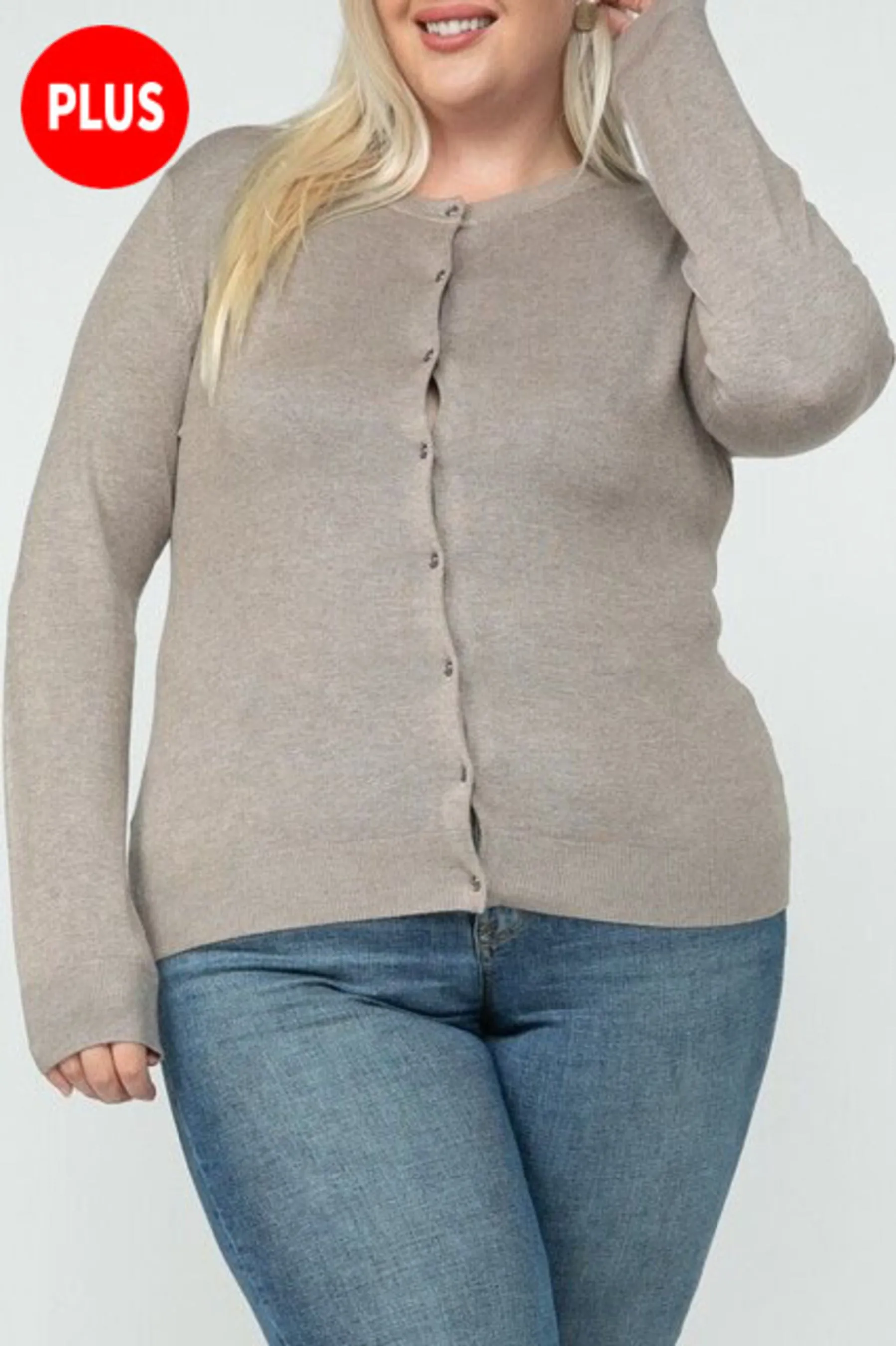 Women's Plus size Long Sleeve Button Down Crewneck Sweater Knit Cardigan