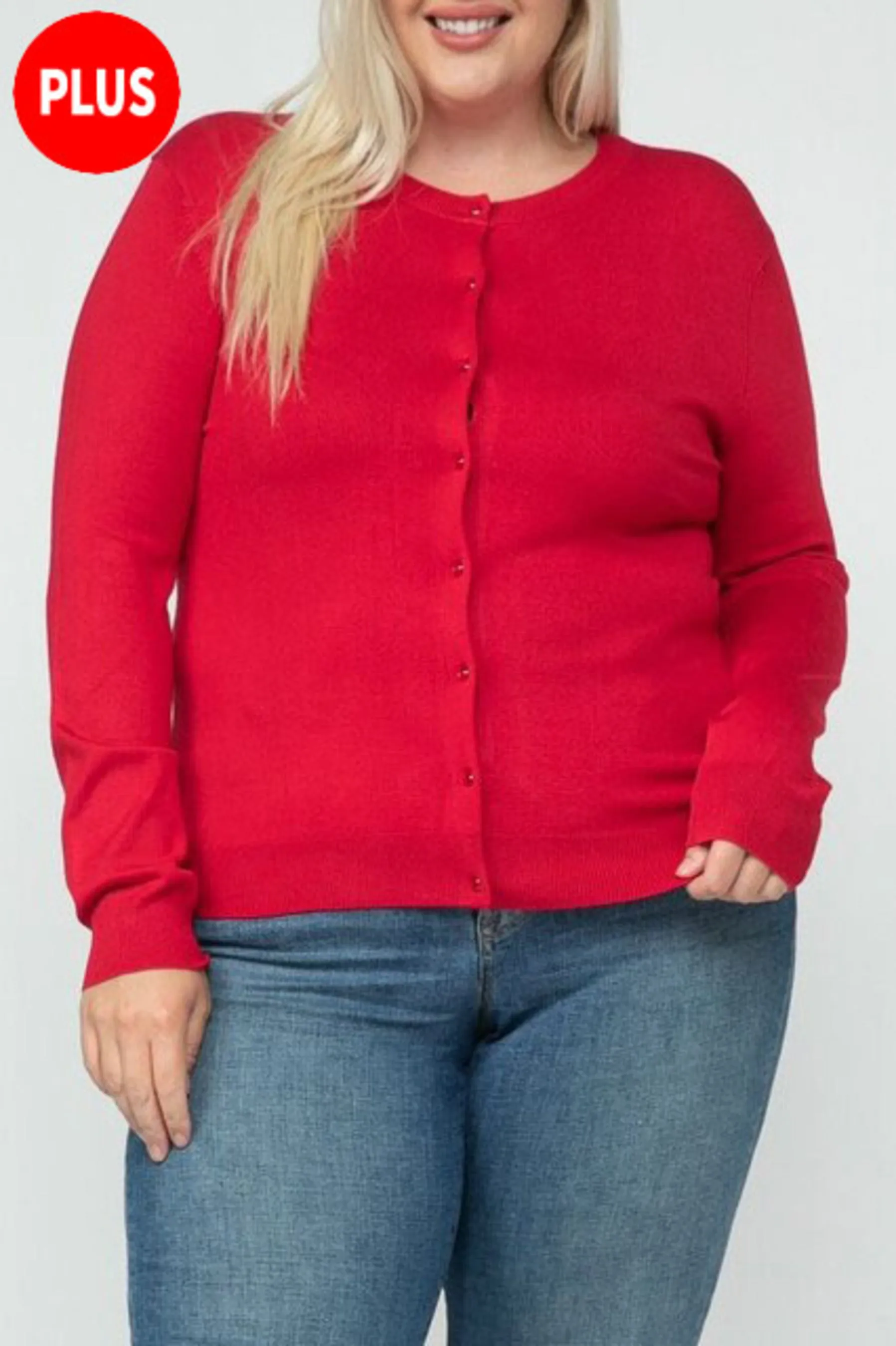 Women's Plus size Long Sleeve Button Down Crewneck Sweater Knit Cardigan