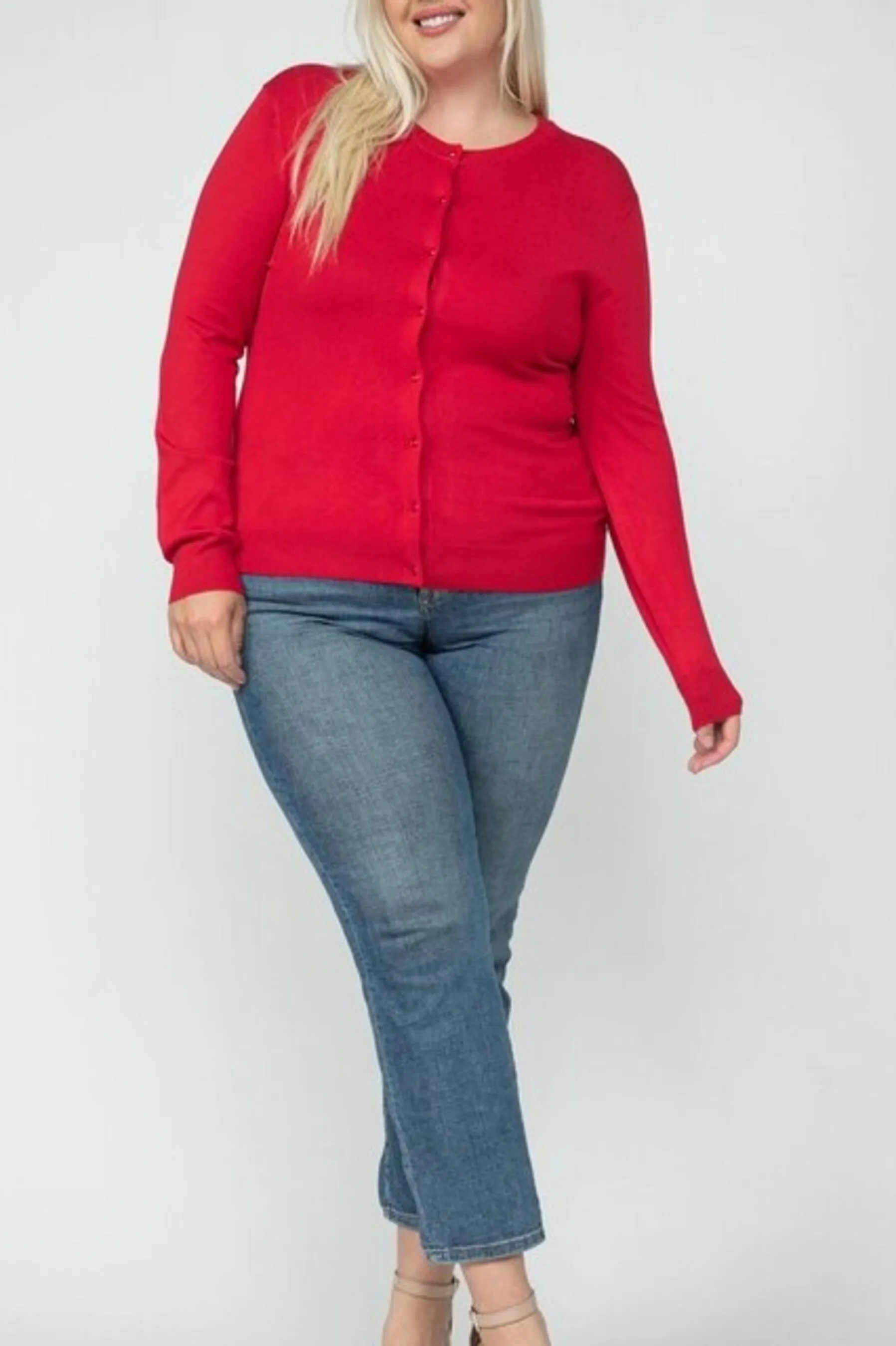 Women's Plus size Long Sleeve Button Down Crewneck Sweater Knit Cardigan
