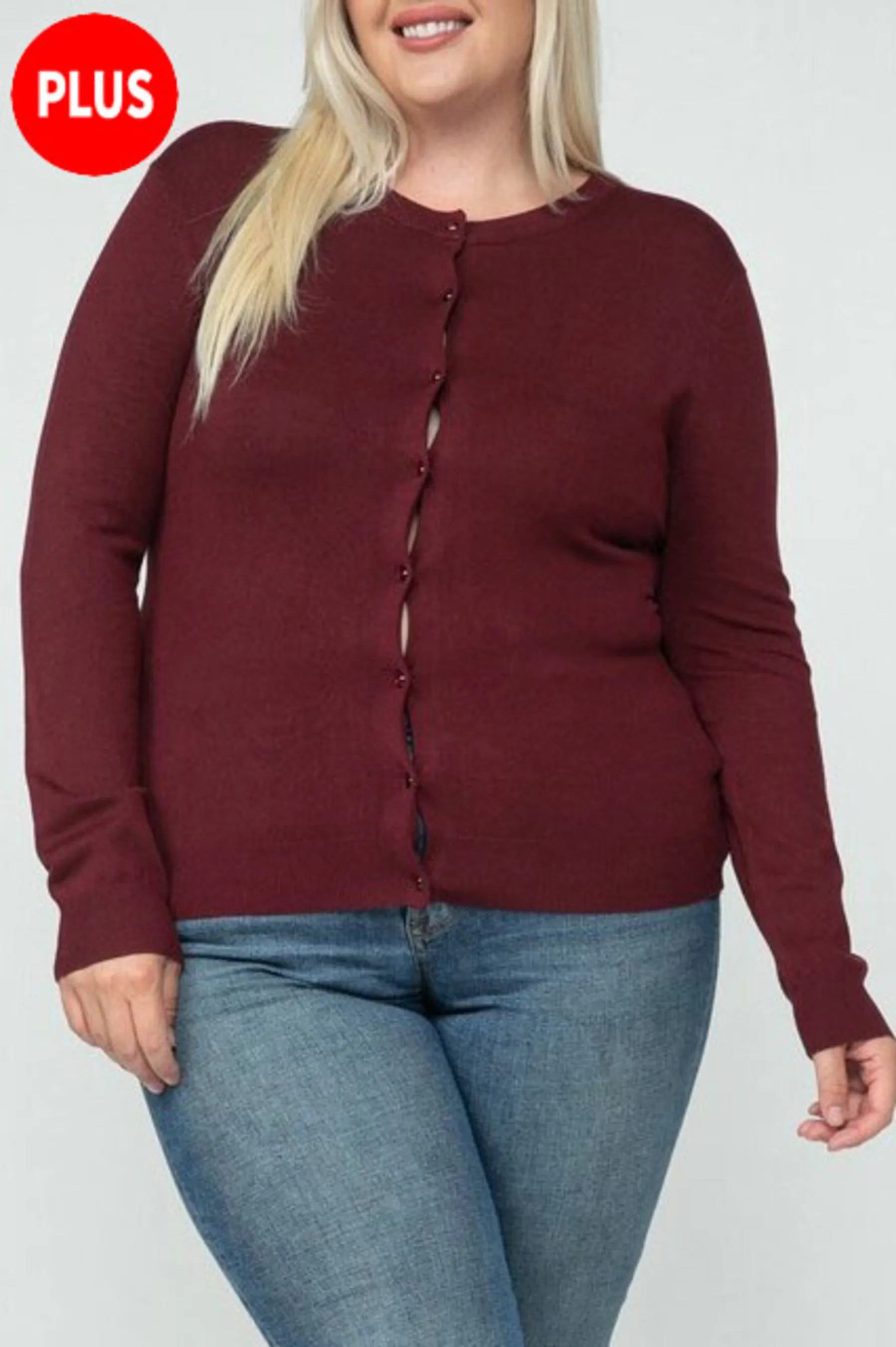 Women's Plus size Long Sleeve Button Down Crewneck Sweater Knit Cardigan