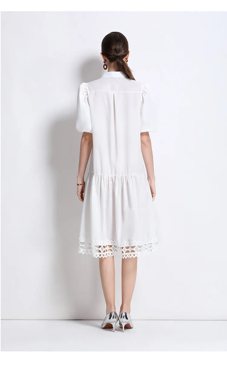 Women's Puff Sleeves Collar Hollow Embroidery Midi Dress